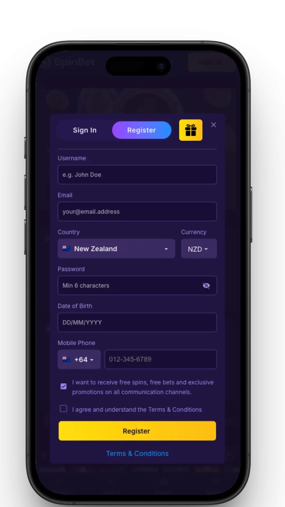 SpinBet sign up